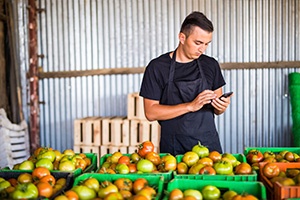Guy checking his phone in front of his produce crates